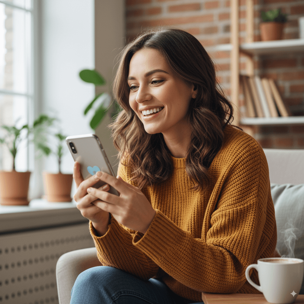Mulher sorrindo ao telefone